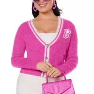 Barbie Pink and White Fuzzy Sweater Cardigan XL
